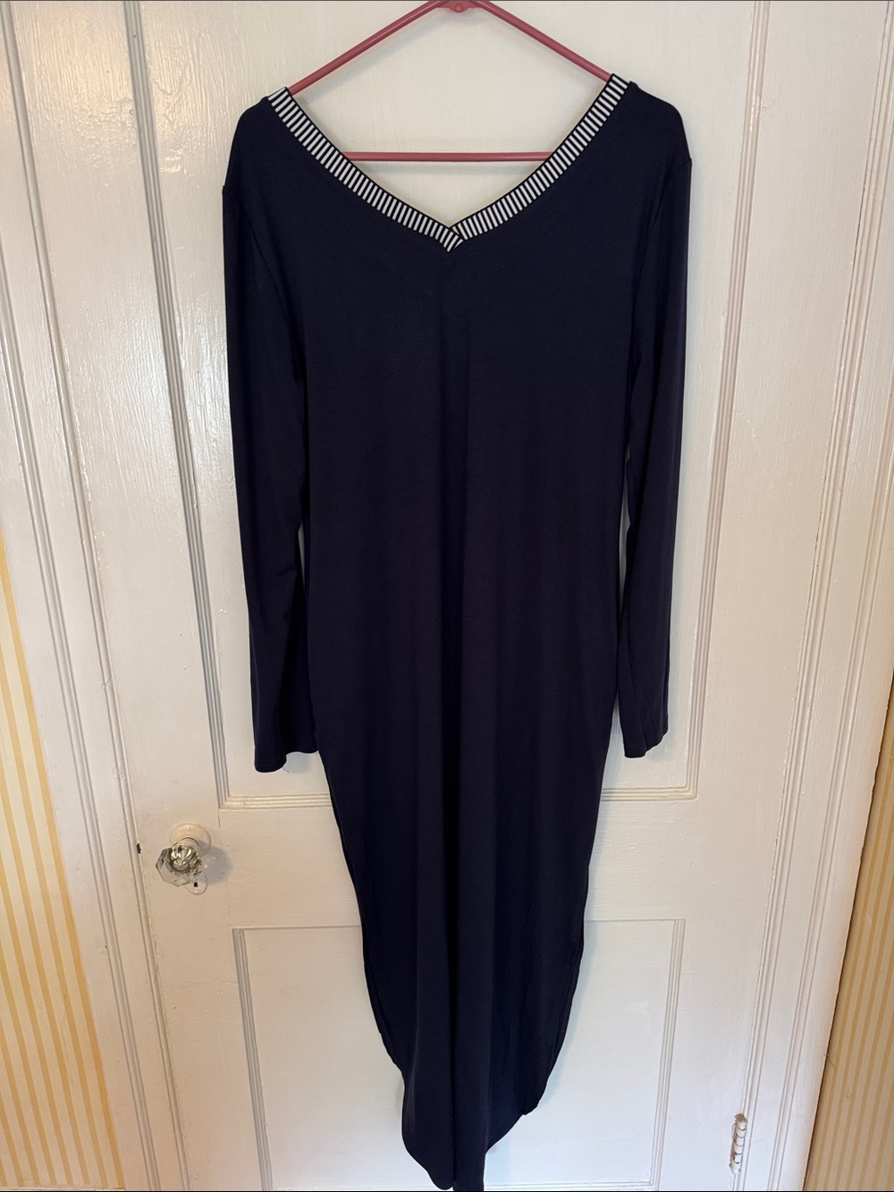 Striped Trim Navy Long-Sleeve V-Neck Maxi Dress, side slits, double V neck